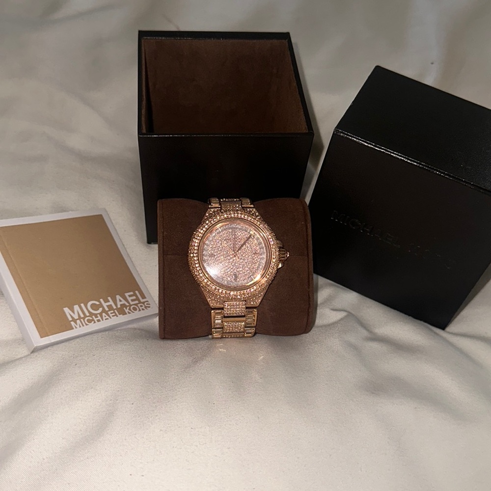 MK Camille Glitz Rose gold pavé crystal round watch